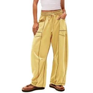Women casual loose wide leg cargo pants high waist drawstring trousers with multiple pockets.