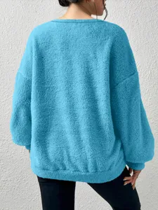 Solid color long sleeve fuzzy sweatshirt casual winter warm top for women fashion