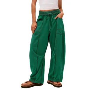 Casual loose wide leg pants women high waist drawstring cargo trousers green style