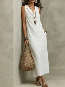 Summer casual sleeveless loose vest long dress for women, elegant white maxi dress details.