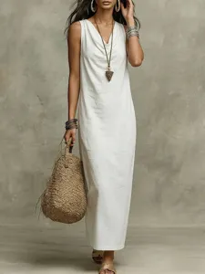 Detail view of a stylish white sleeveless long dress for women, loose summer casual wear.