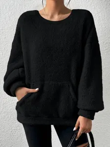 Casual solid color long sleeve fleece sweatshirt with front pocket for autumn and winter.