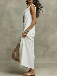 Detailed view of a casual white sleeveless maxi dress, perfect for summer beach and daily wear.