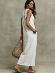 Summer casual sleeveless white maxi dress detail view, loose fit design for daily wear.