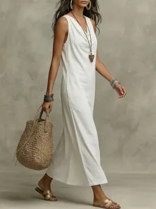 Women's white sleeveless maxi dress, casual loose summer linen long dress for daily wear.