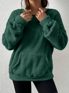 Dark green fuzzy fleece hoodie for women, cozy winter long sleeve sweatshirt pocket.