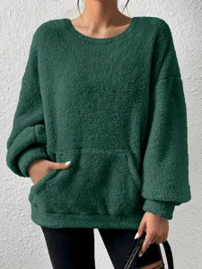 Dark green fleece fuzzy sweatshirt for women, cozy winter pullover with front pocket.