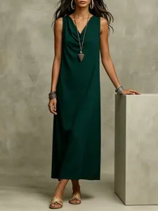 Elegant dark green sleeveless cowl neck maxi dress, ideal for summer casual wear and chic style.