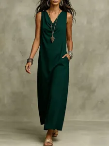 Elegant casual sleeveless maxi dress, loose dark green tank dress with side pockets.