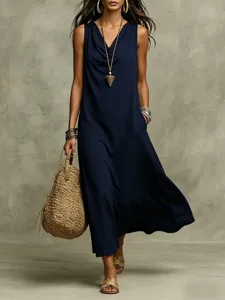 Casual sleeveless loose maxi dress, elegant navy blue cowl neck design for summer style.