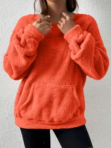 Casual solid color long sleeve fluffy fleece hoodie with front pocket for autumn and winter.