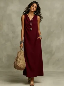 Women casual summer sleeveless loose long dress, elegant solid color slip maxi dress for beach.