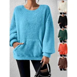 Women's Casual Solid Color Long Sleeve Fleece Sweatshirt Autumn Winter Pullover Basic Crew Neck Top