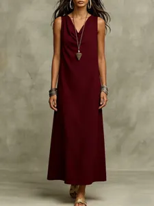 Burgundy sleeveless cowl neck maxi dress, casual loose summer women long dress detail view.