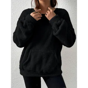 Solid black fuzzy fleece pullover sweatshirt for women cozy winter long sleeve top casual