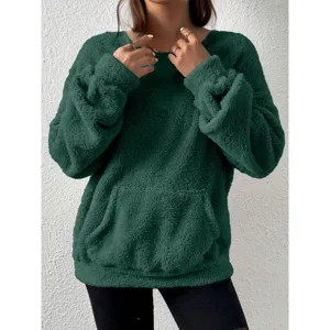 Dark green fuzzy fleece long sleeve sweatshirt casual winter pullover with front pocket