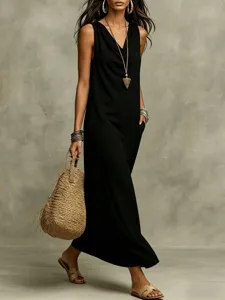 Detailed view of the elegant black sleeveless maxi dress, casual summer loose vest style.