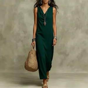 Summer sleeveless loose vest maxi dress for women, casual elegant solid color long green dress.