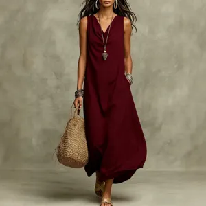 Summer sleeveless maxi dress for women, casual loose draped long dress main view.