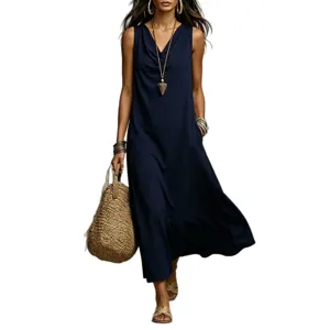 Navy blue sleeveless cowl neck maxi dress, stylish casual summer long dress for women.