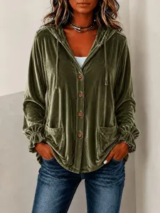 Women Velvet Hooded Cardigan Fall Long Sleeve Button Up Casual Pocket Outerwear