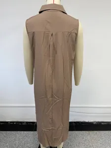 Back view detail of casual brown sleeveless shirt dress, lapel collar and pleated design.