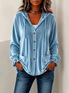 Blue velvet hooded cardigan for women, casual long sleeve button up top with front pockets.