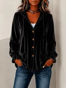 Black velvet hooded cardigan with buttons, pockets, stylish casual outerwear.
