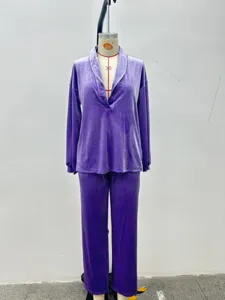 Women velvet long sleeve suit lapel top and pants casual autumn winter purple apparel outfit