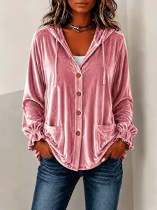 Pink velvet hooded cardigan jacket featuring front buttons, drawstring and casual daily autumn style.
