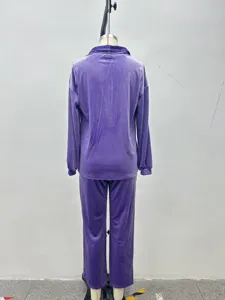 Purple velvet tracksuit back view detail, cozy long sleeve top and matching pants set.
