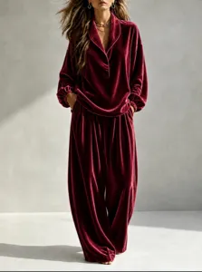 Burgundy velvet long sleeve lapel top and wide leg pants lounge set product detail view.