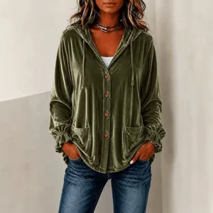 Women Velvet Hooded Cardigan Jacket Long Sleeve Button Front Solid Color Casual Outerwear Winter Fall Top