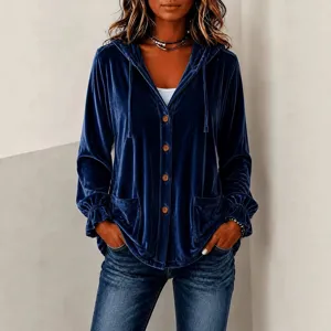 Women Velvet Button Up Hoodie Casual Long Sleeve Solid Color Pocket Jacket Outerwear