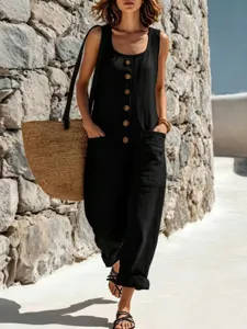Femme Été Décontracté Couleur Unie Bouton Poche Sans Manches Jumpsuit Ample Tendance