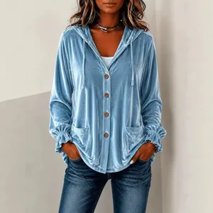 Women light blue velvet hooded cardigan button down casual autumn winter jacket outerwear.