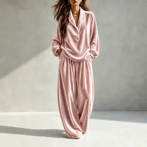Women's Casual Velvet Long Sleeve Lapel Top And Wide Leg Pants Set Solid Color Loose Two Piece Tracksuit Autumn Outfits