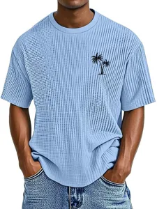 Men's casual waffle knit short sleeve t-shirt with tropical palm tree print light blue top.