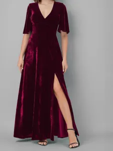 Stunning V-neck high slit velvet evening dress for women, elegant long party maxi gown style.