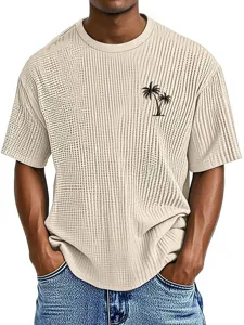 Men casual waffle short sleeve t-shirt tropical palm print loose crewneck summer top