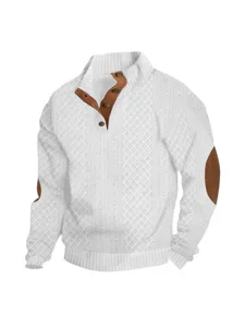 Heren wit opstaande kraag gebreide truien lange mouw pullover met elleboogstukken.