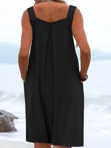 Detailed back view of a solid black sleeveless wide-leg jumpsuit, perfect for summer beach wear.
