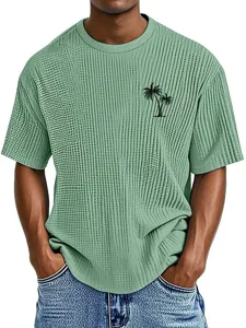Men's casual loose waffle short sleeve T-shirt with tropical palm tree print in light green.
