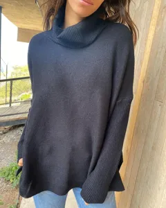 Damen schwarzer Rollkragen Pullover mit Fledermausärmeln Bequeme Strickware für Damen