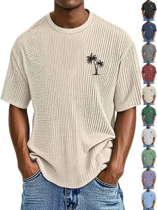 Men's Casual Loose Fit Waffle Short Sleeve T-Shirt Tropical Palm Tree Print Summer Crew Neck Tee Top