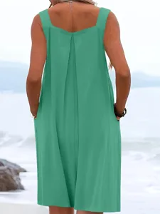Women's solid teal sleeveless wide leg jumpsuit detail view, perfect summer casual beachwear outfit.