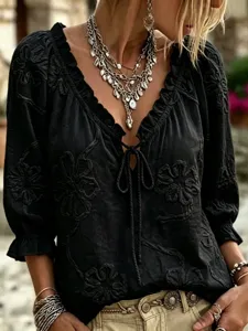 Summer women embroidered V-neck tie ruffle three-quarter sleeve blouse casual boho top