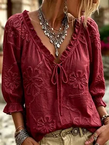 Boho women embroidered V-neck tie 3/4 sleeve blouse chic summer casual shirt top
