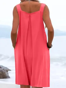 Back detail of solid pink sleeveless wide leg jumpsuit for women summer beach wear stylish.