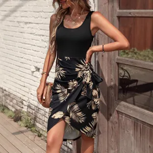 Summer tropical print sleeveless midi dress for women casual beach vacation wear style